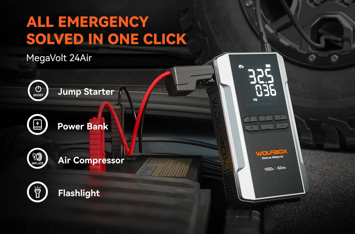 WOLFBOX MegaVolt 24Air jump starter power bank air compressor and flashlight in one