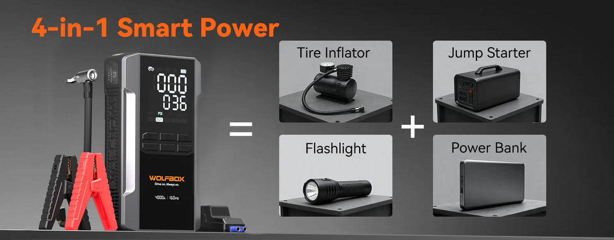 4 in 1 smart power device replacing tire inflator jump starter flashlight and power bank