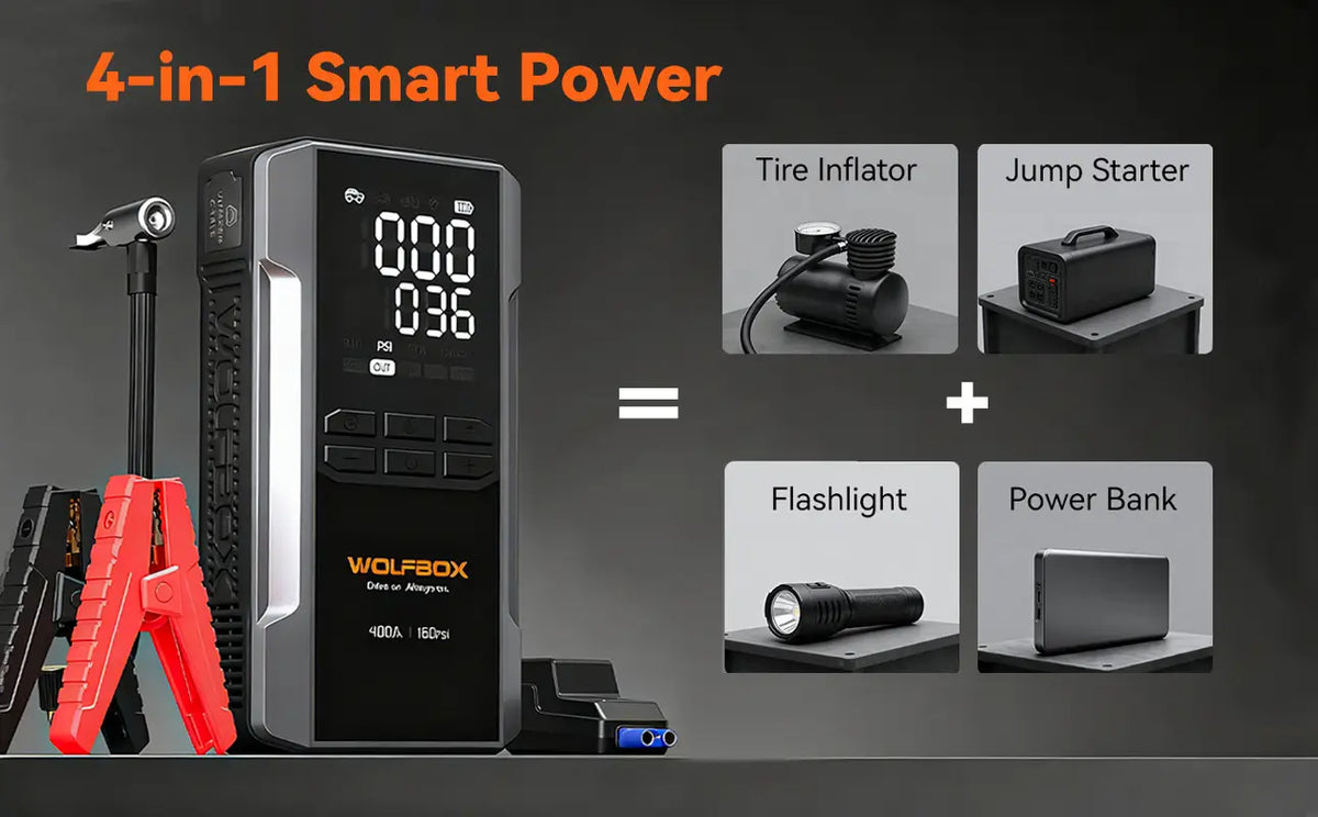 jump starter with air compressor combining tire inflator flashlight and power bank