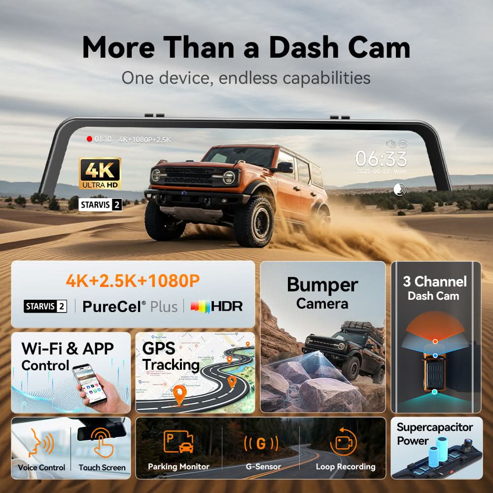 WOLFBOX G900TriPro Bumper Version 4K Sony STARVIS 2 Mirror Dash Cam with Exclusive 30-Month Warranty - WOLFBOX