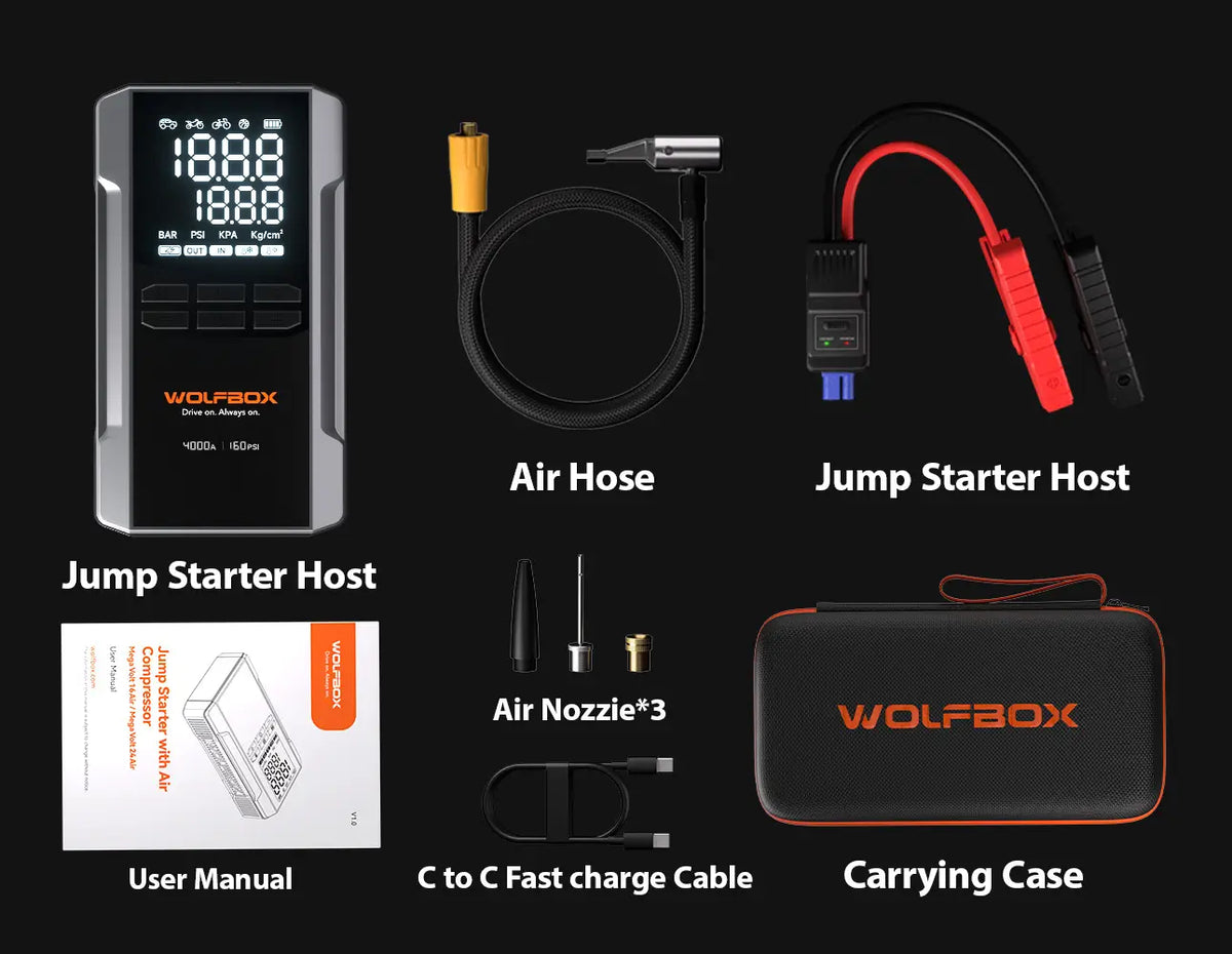 jump starter box contents with air hose jump clamps nozzles cable manual and carrying case