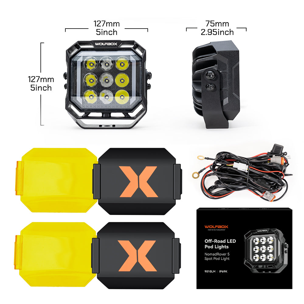 Product dimensions and package contents for 5-inch off-road LED pods.