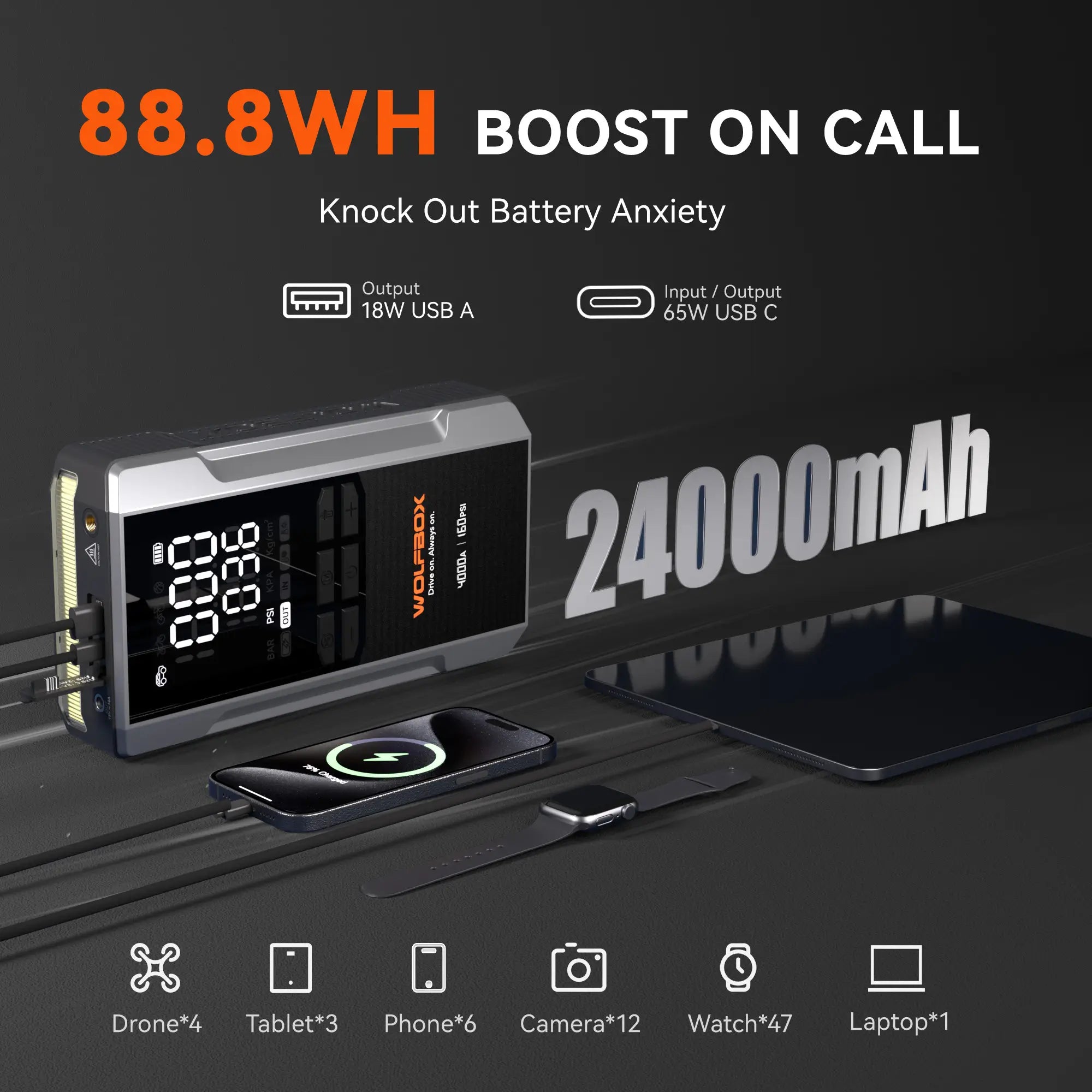 88.8WH jump starter with air compressor