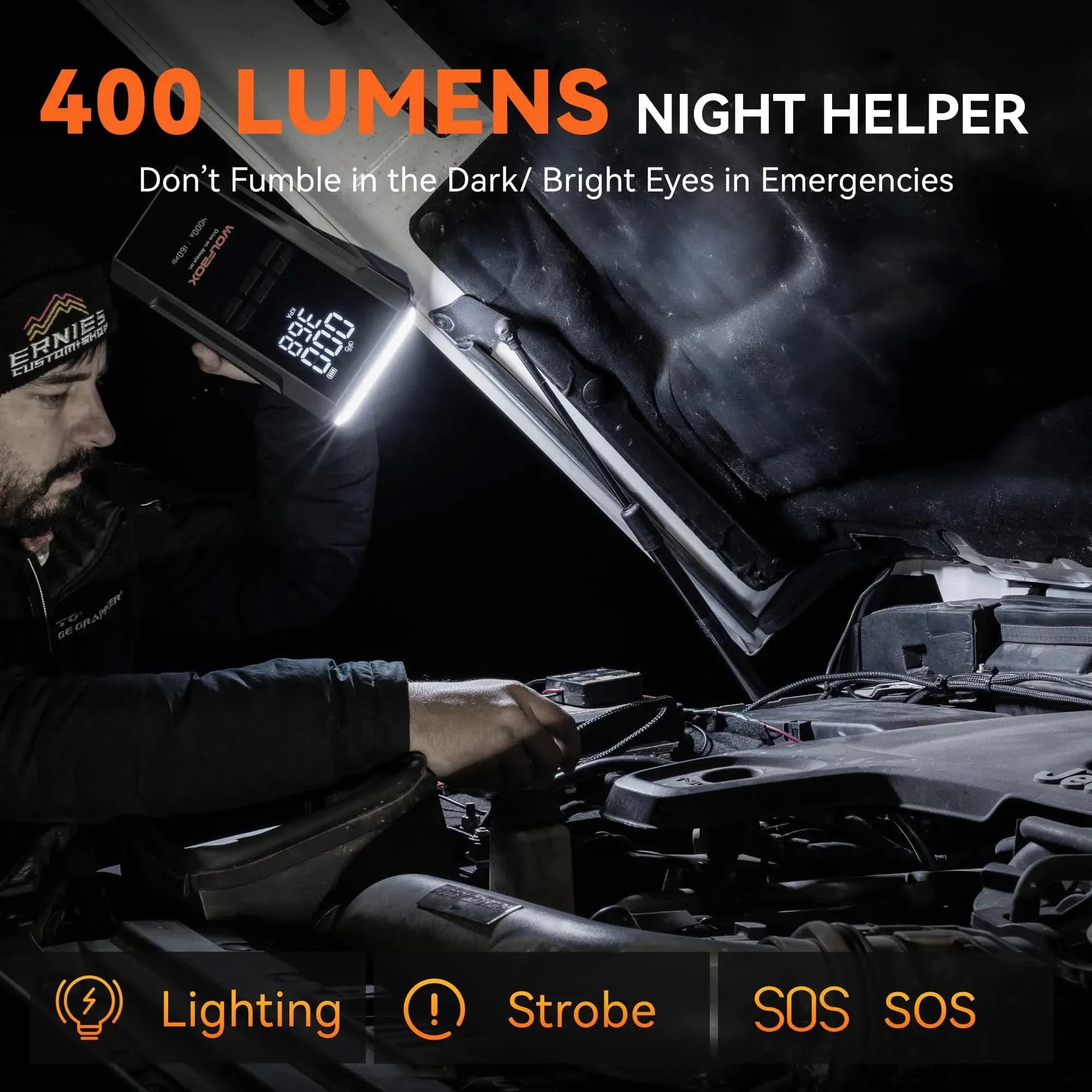 400-Lumens jump starter with air compressor