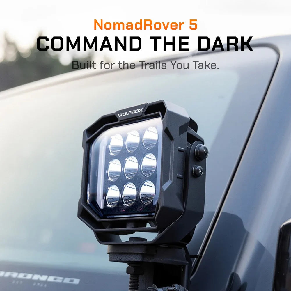 NomadRover 5-inch off-road LED pod mounted on vehicle A-pillar