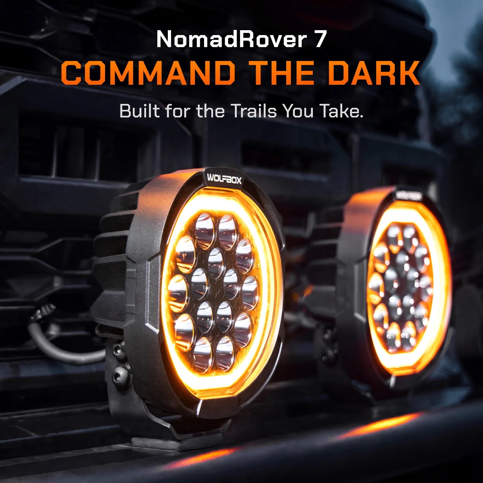 nomadrover 7 round driving lights with amber halo rings on grille
