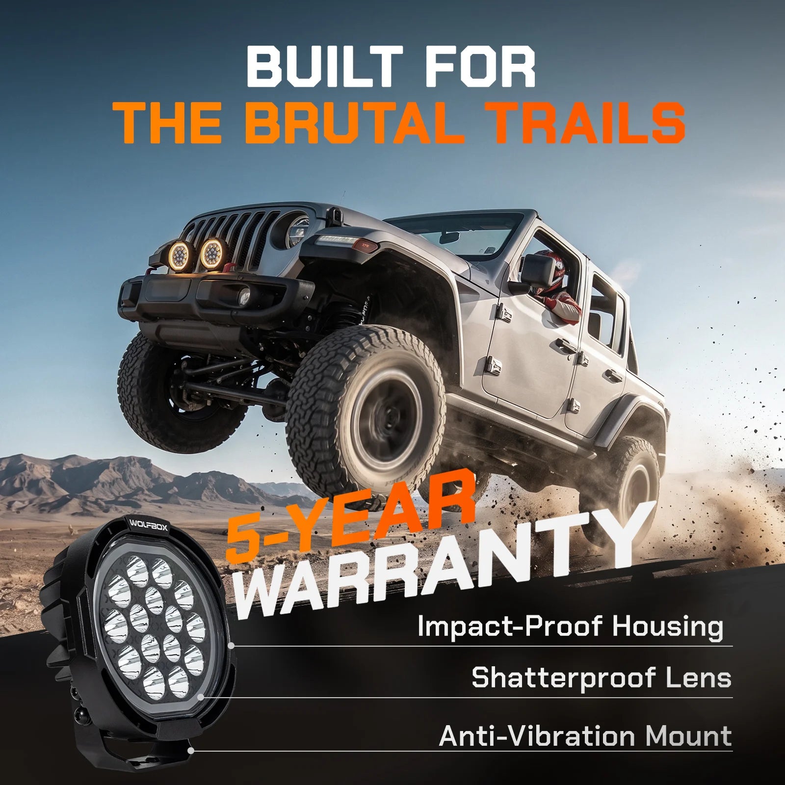 shockproof round driving light with 5 year warranty on jeep off road