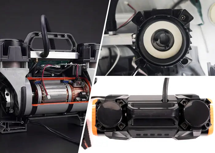 dual motor air compressor HyperFlow 60D motor piston and dual cylinder internal build quality