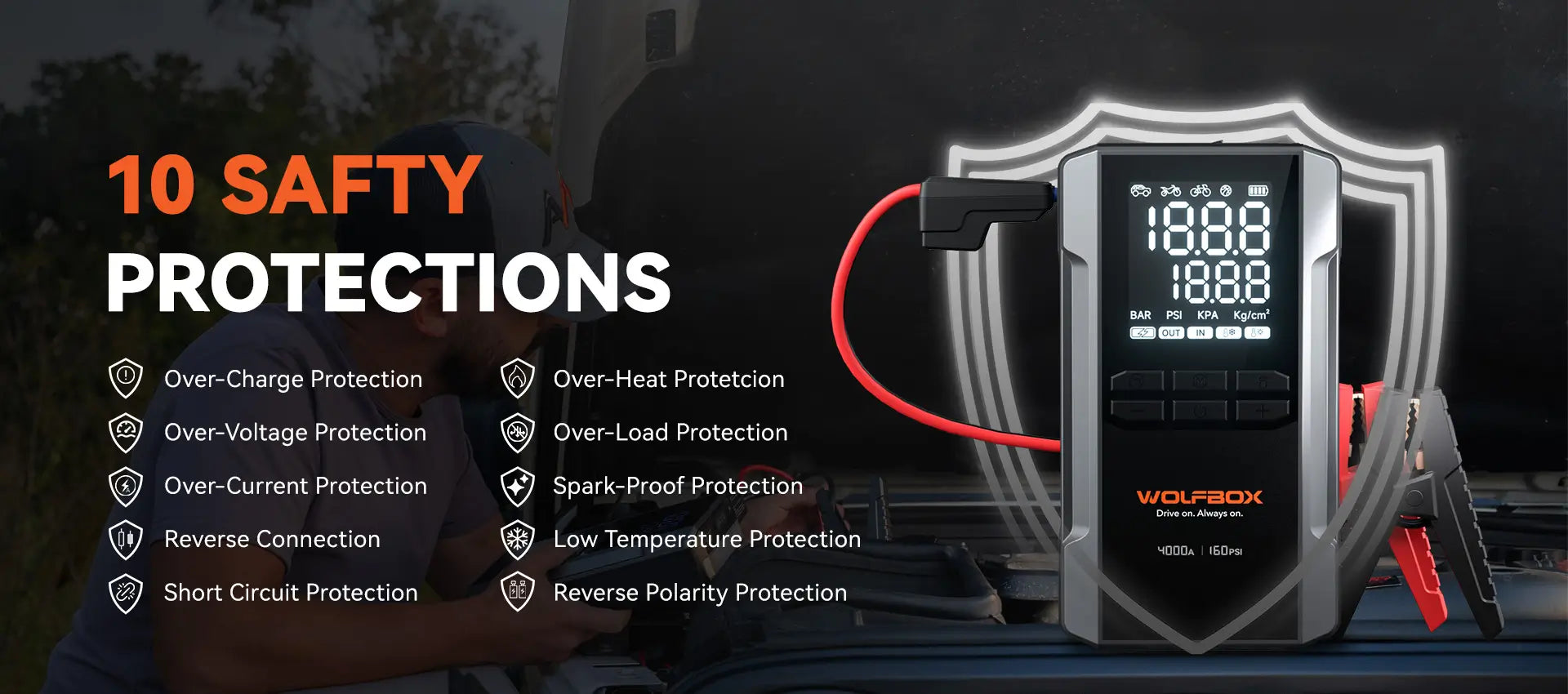 Jump Starter with Air Compressor Featuring 10 Safety Protections