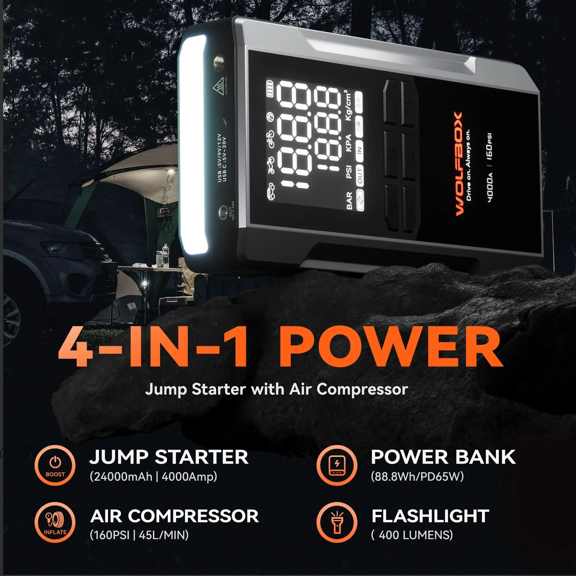 4-in-1 Jump Starter with Air Compressor | Exclusive 42-Month Warranty– Wolfbox MegaVolt 24Air - WOLFBOX