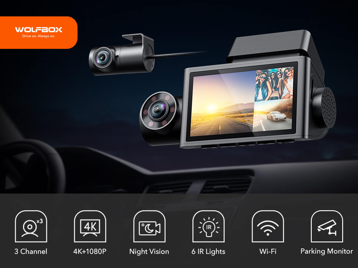3 Channel 4K Dash Cam, WiFi Dual Dash Camera for Cars, 3 Channel