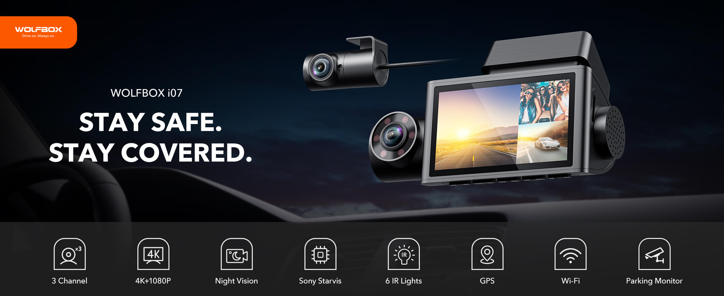 WOLFBOX i07 Dash Cam, 3 Channel Dash Cam Built in WiFi GPS, 4K+1080P Dash  Camera