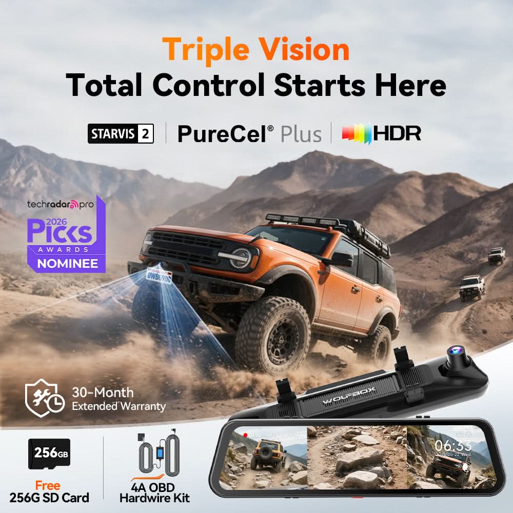 WOLFBOX G900TriPro Bumper Version 3 Channel Rearview Mirror with Exclusive 30-Month Warranty