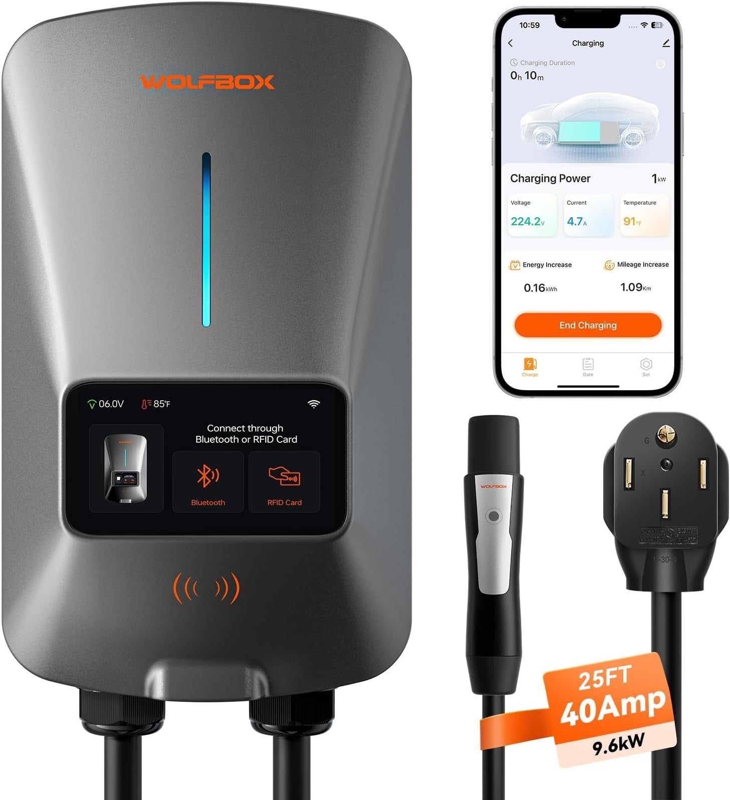 WOLFBOX WiFi Level 2 Electric Car EV Charger 25ft Cable Charging Station charger WOLFBOX Tesla models 40 Amp 