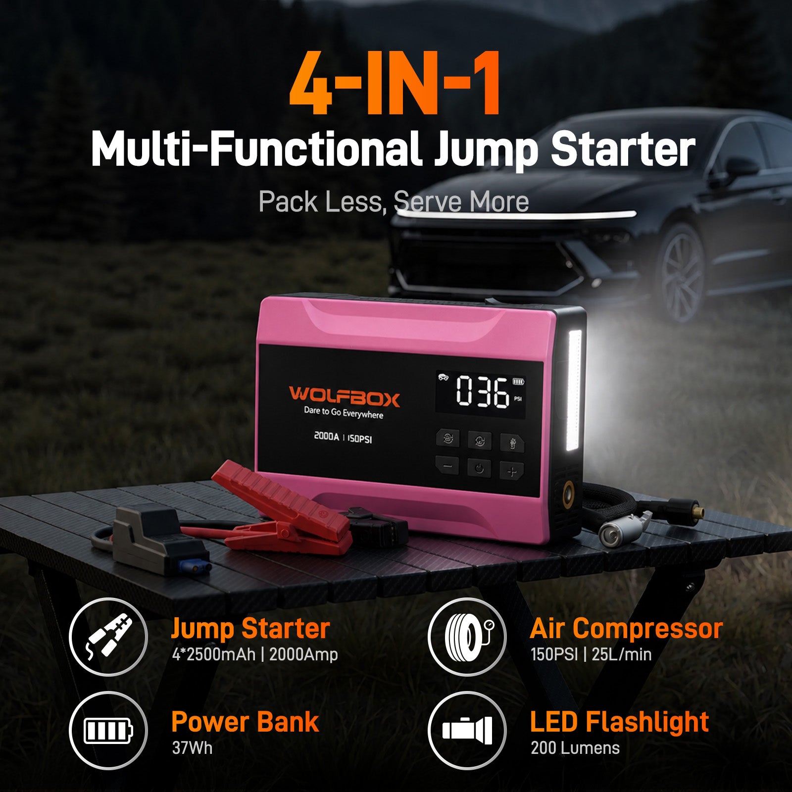 2000a 4-in-1 jump starter with air compressor in  hot pink
