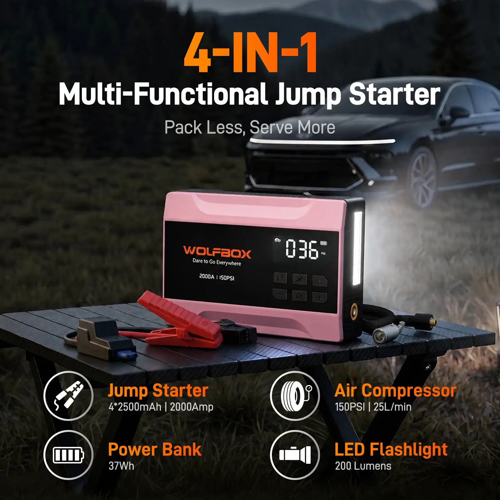 2000a 4-in-1 jump starter with air compressor in rose gold
