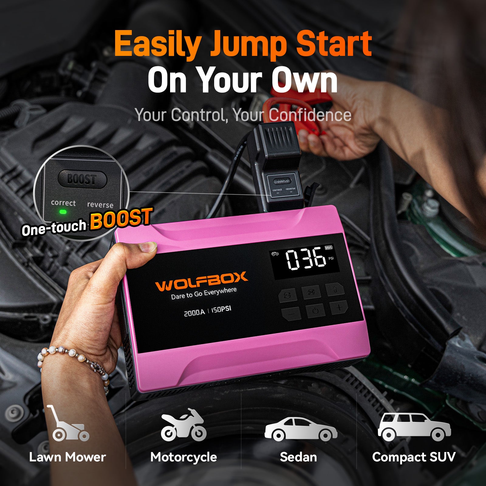 2000a jump starter with air compressor in hot pink makes starting simple