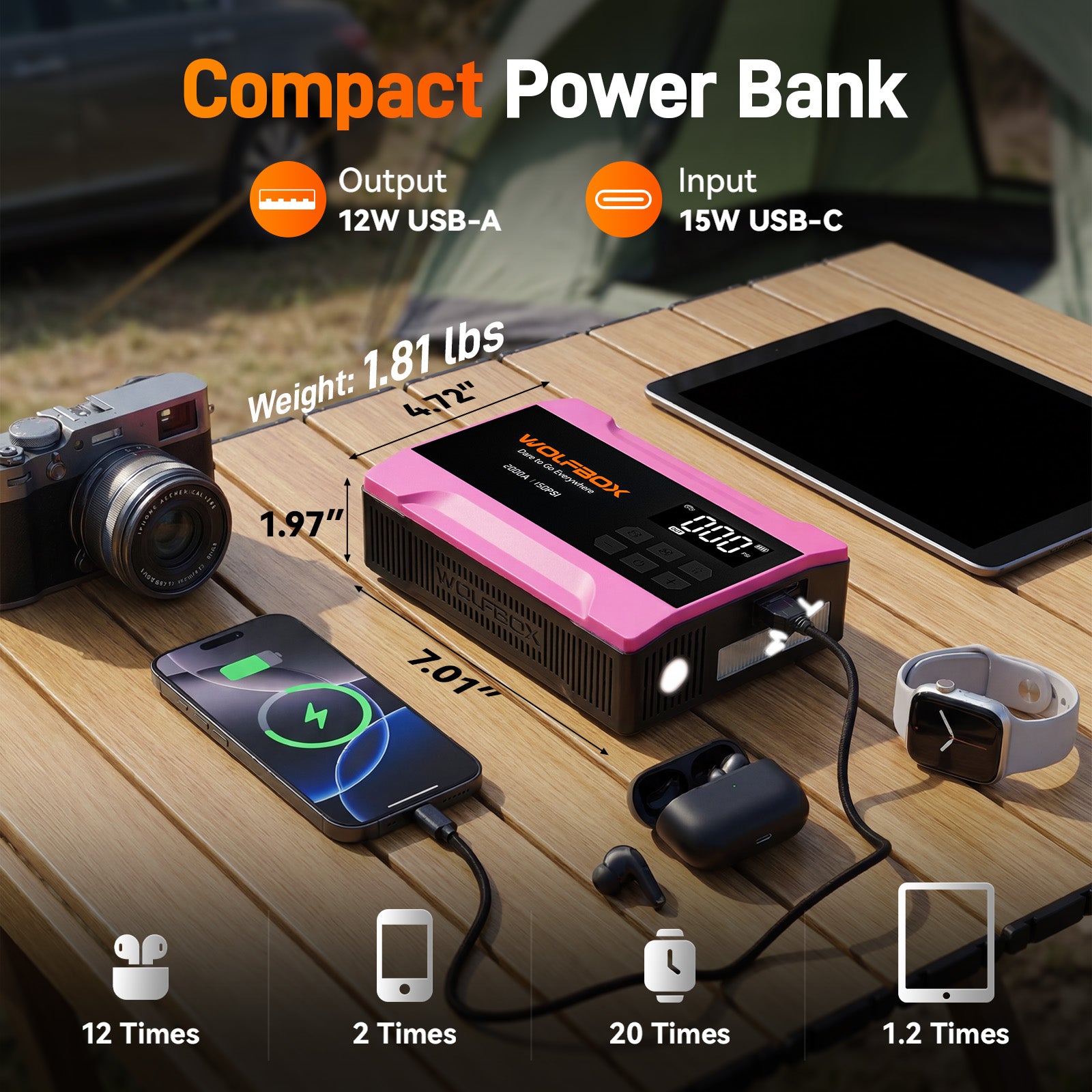 2000a jump starter with air compressor in hot pink with built in portable power bank