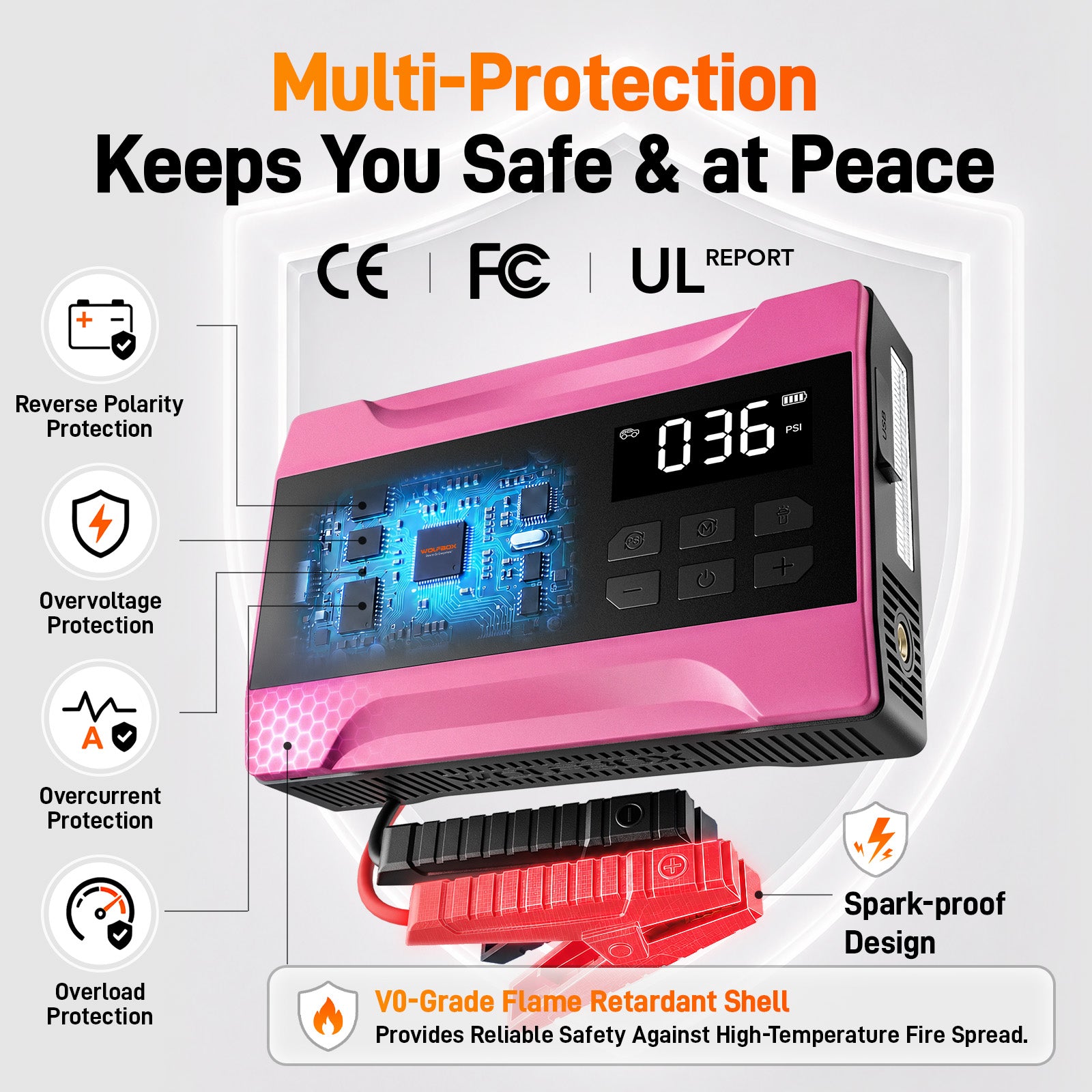 2000a jump starter with air compressor in hot pink with multiple safety protections