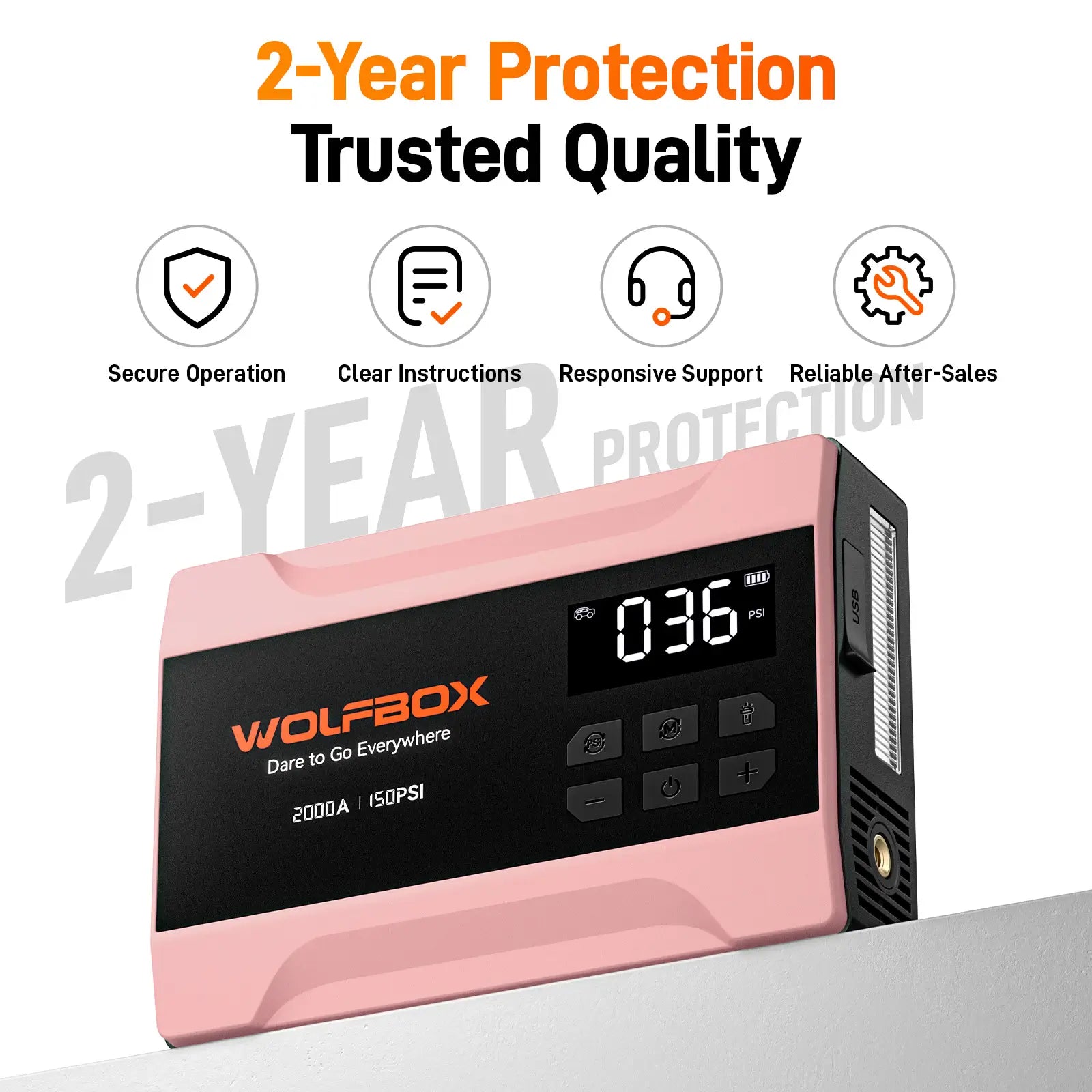 2000a jump starter with air compressor in rose gold with 2 year protection