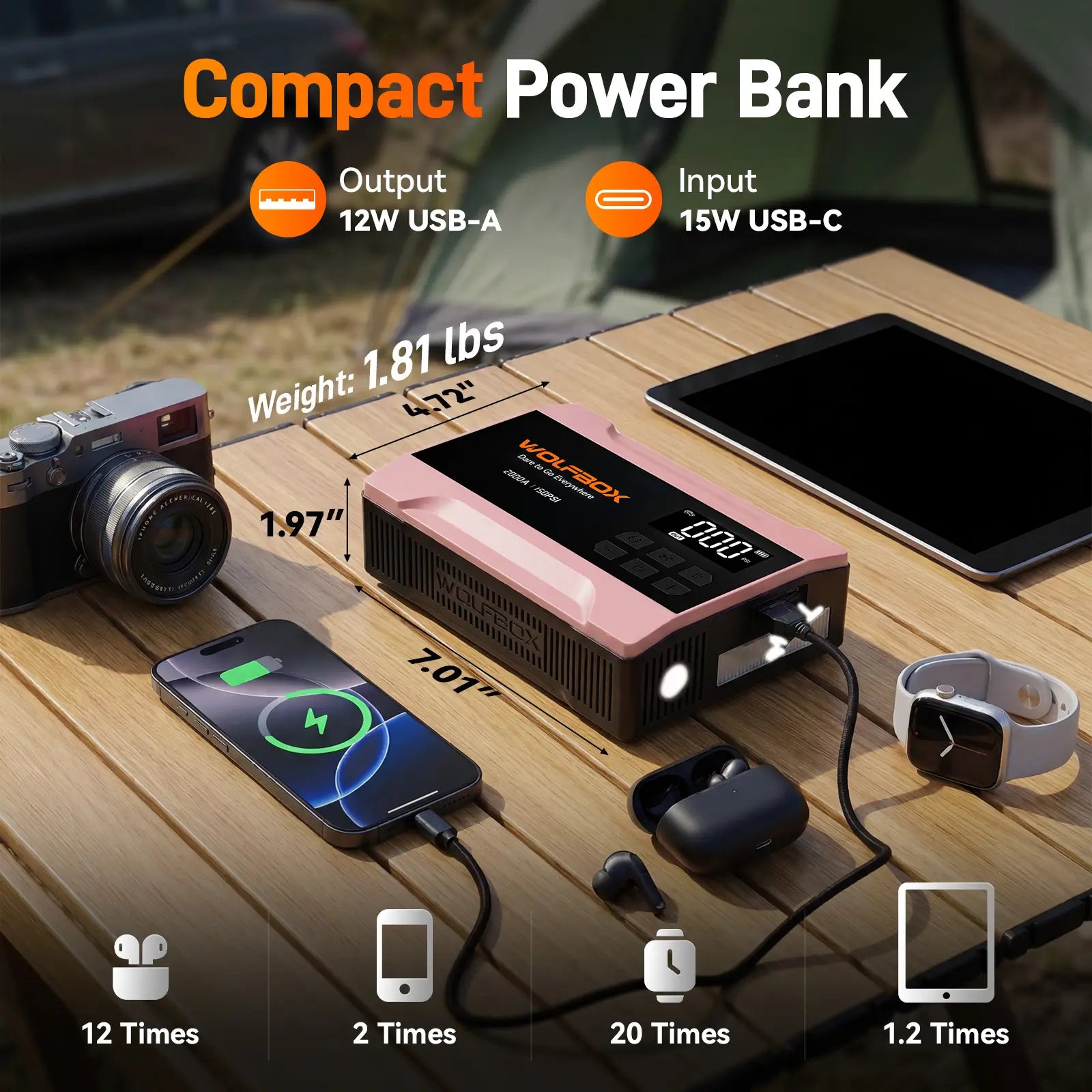 2000a jump starter with air compressor in rose gold with built in portable power bank