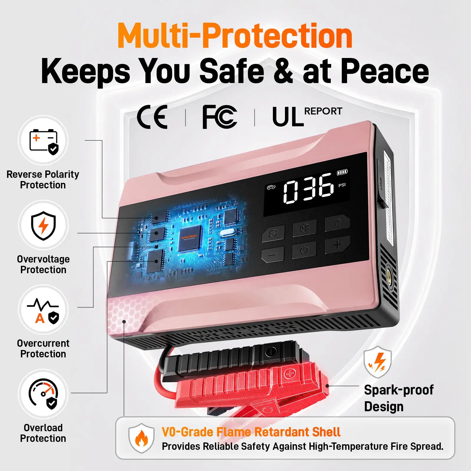 2000a jump starter with air compressor in rose gold with multiple safety protections