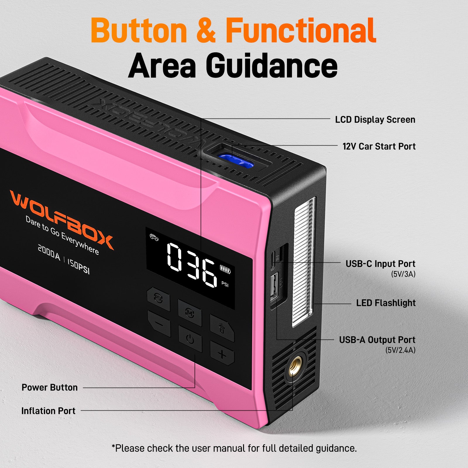 2000a multifunctional jump starter with air compressor in  hot pink