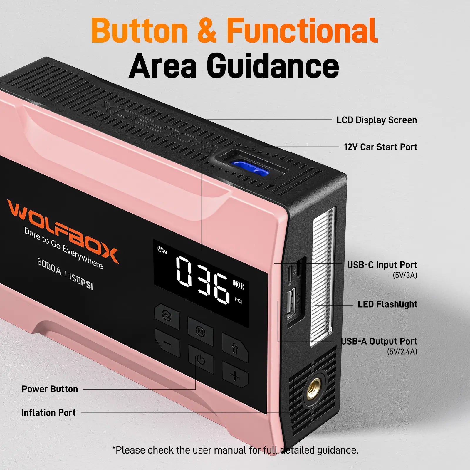 2000a multifunctional jump starter with air compressor in rose gold