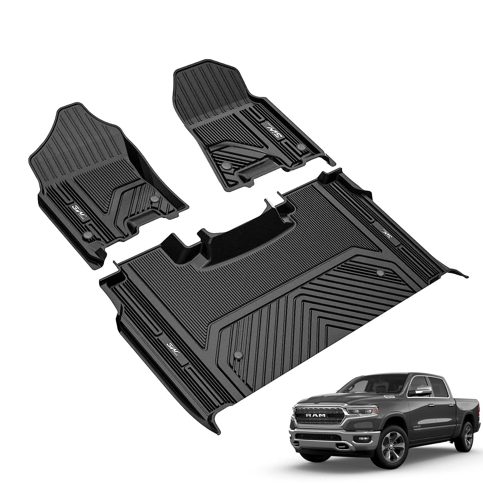 3W Dodge Ram 1500 2019-2024 New Body (NOT Classic Models) Custom Floor Mats TPE Material & All-Weather Protection Vehicles & Parts 3W 2019-2024 With Underseat Storage 1st&2nd Row Mats