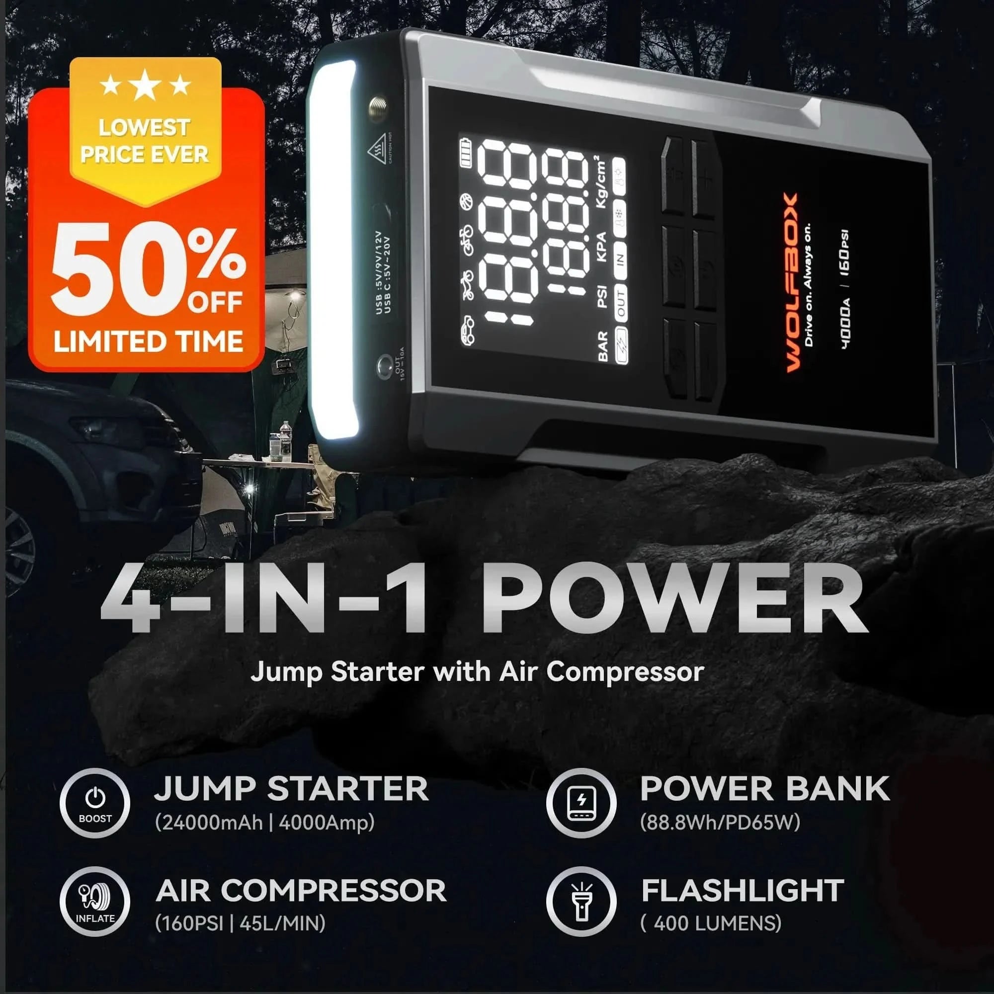 WOLFBOX MegaVolt16 Air Portable 4-in-1 Jump Starter with Air Compresso