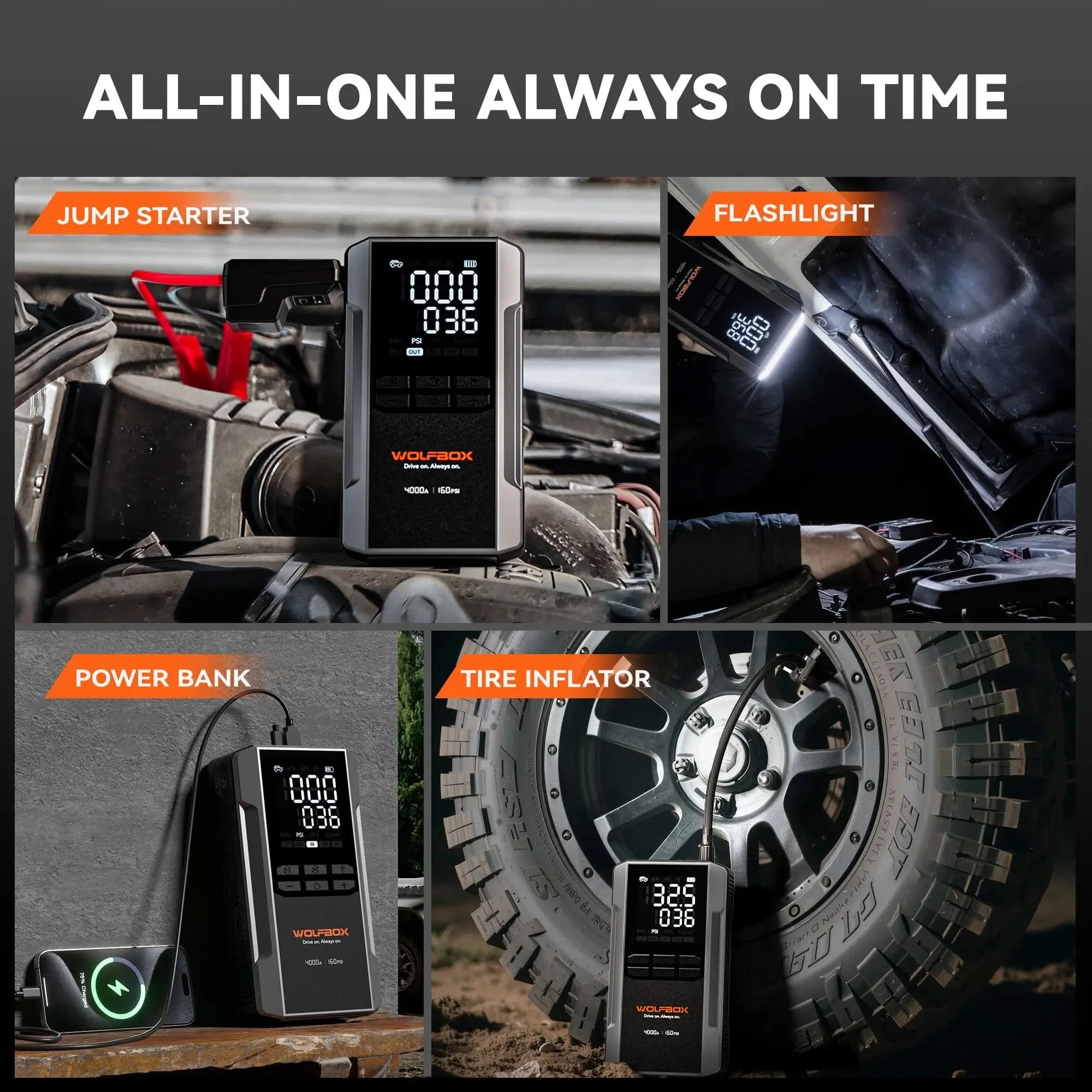 All-in-one jump starter with air compressor
