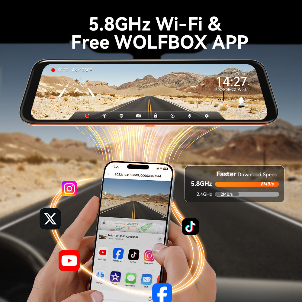 WOLFBOX G850 WIFI Rearview Mirror Backup Camera Dash Cam Smart Mirror with Voice Control camera WOLFBOX