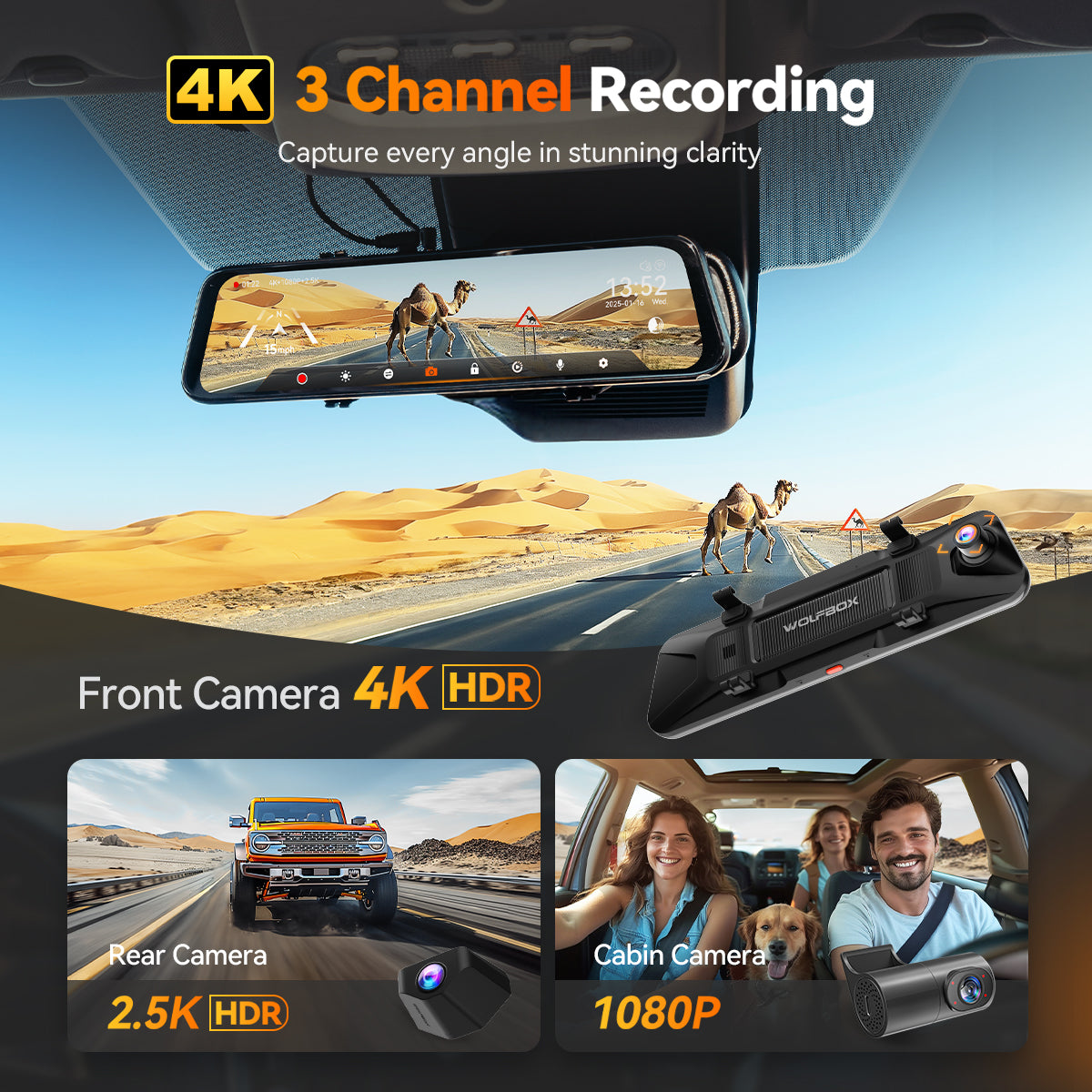 G900 TriPro 4K+2.5K+1080P WIFI 3 Channel Mirror Dash Cam with Voice Control camera WOLFBOX