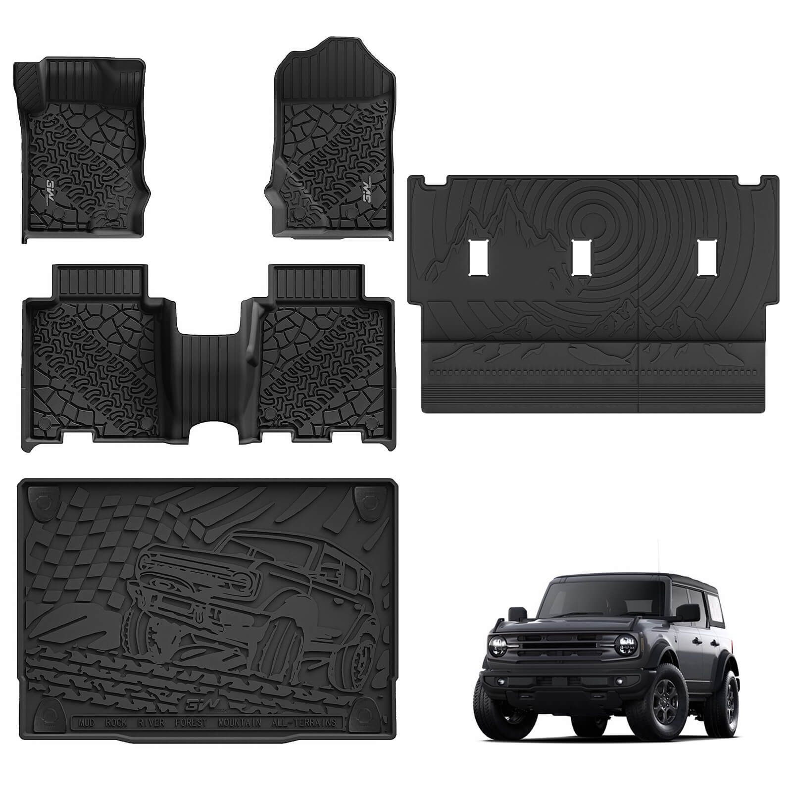 3W Ford Bronco 4-Door 2021-2024 Floor Mats / Trunk Mat TPE Material & All-Weather Protection Vehicles & Parts 3W 2021-2024 Bronco 2021-2024 1st&2nd Row +Trunk Mat+Back Seat Cover