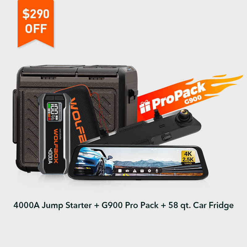 WOLFBOX 4000A Jump Starter + 58qt. Car Fridge + G900 4+2.5K Smart Mirror Pro Pack  wolfboxdashcamera   