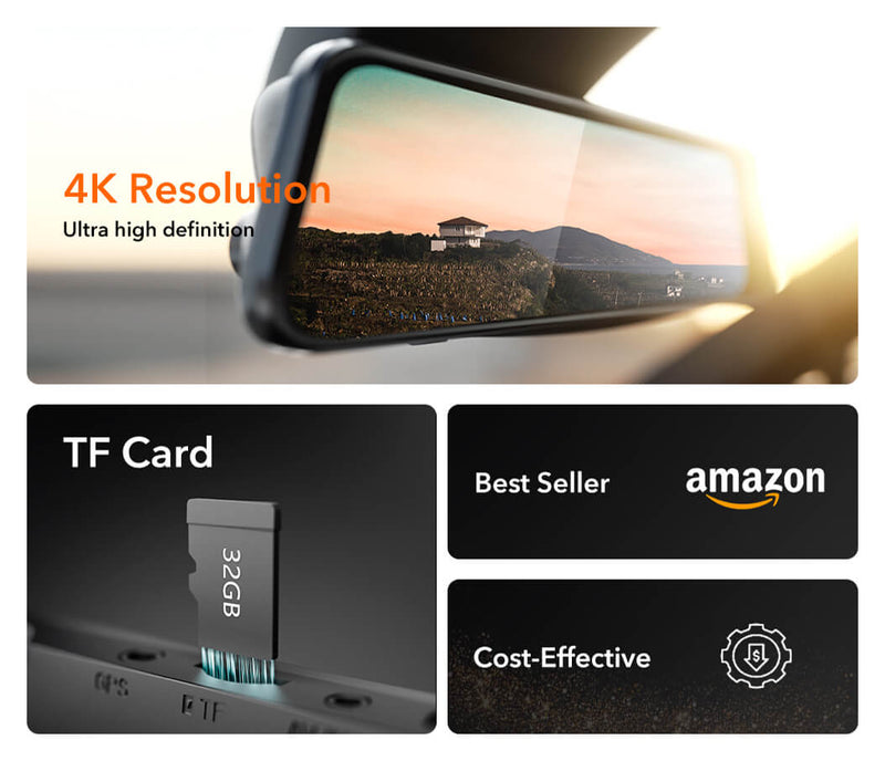 WOLFBOX G840S 12″ 4K Mirror Dash Cam 2160P Full HD Smart Rear View Cam