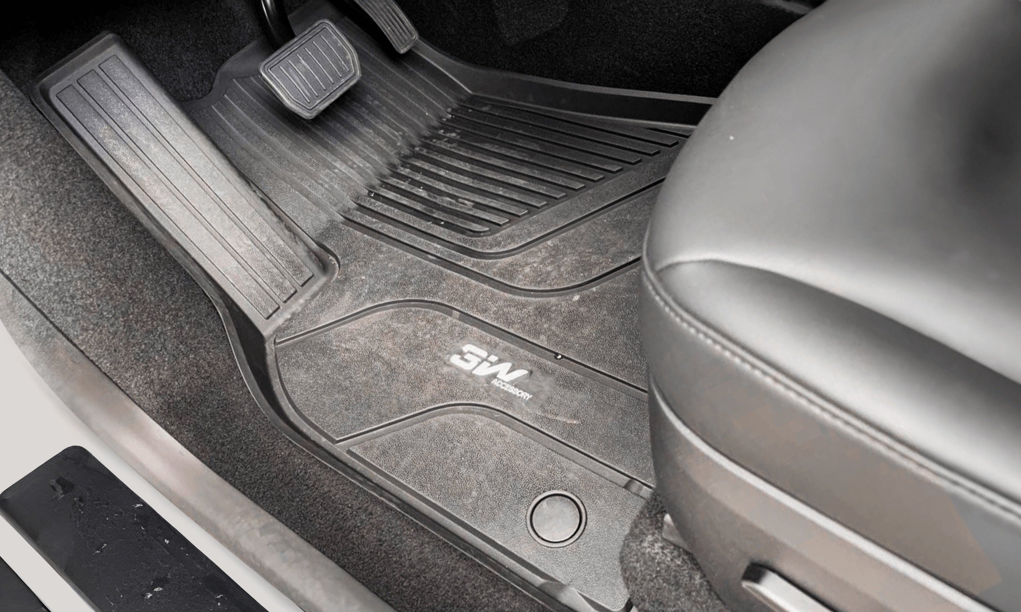 3W Accessory black rubber car floor mat installed on driver side with pedal area coverage