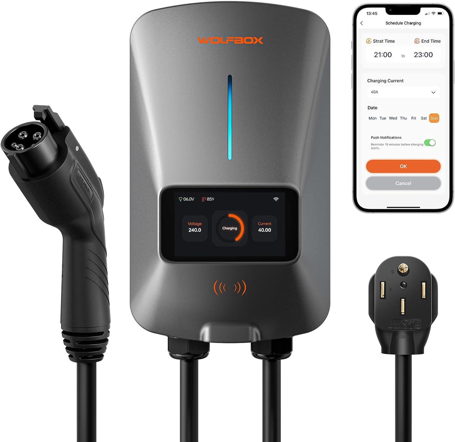 WOLFBOX Level 2 EV Charger 40 Amp with WiFi and Bluetooth  WOLFBOX NEMA 14-50 Plug; 40 Amp; Easier Installation  