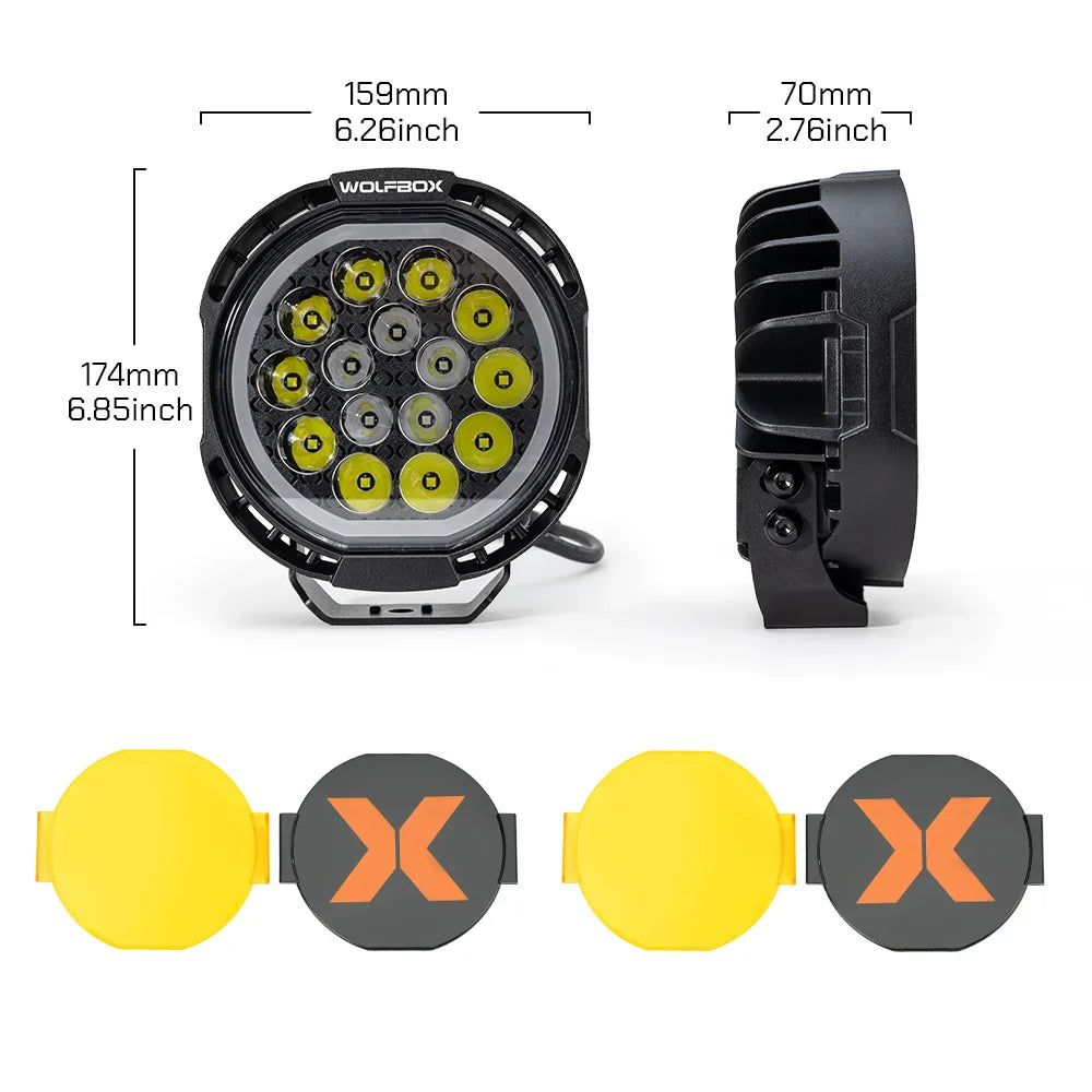 Package contents and product dimensions for 7-inch off-road LED pod lights