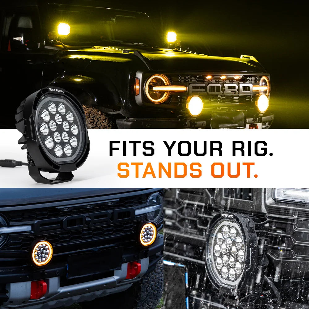 NomadRover 7-inch off-road LED pods installed on Ford Bronco bumper and A-pillars