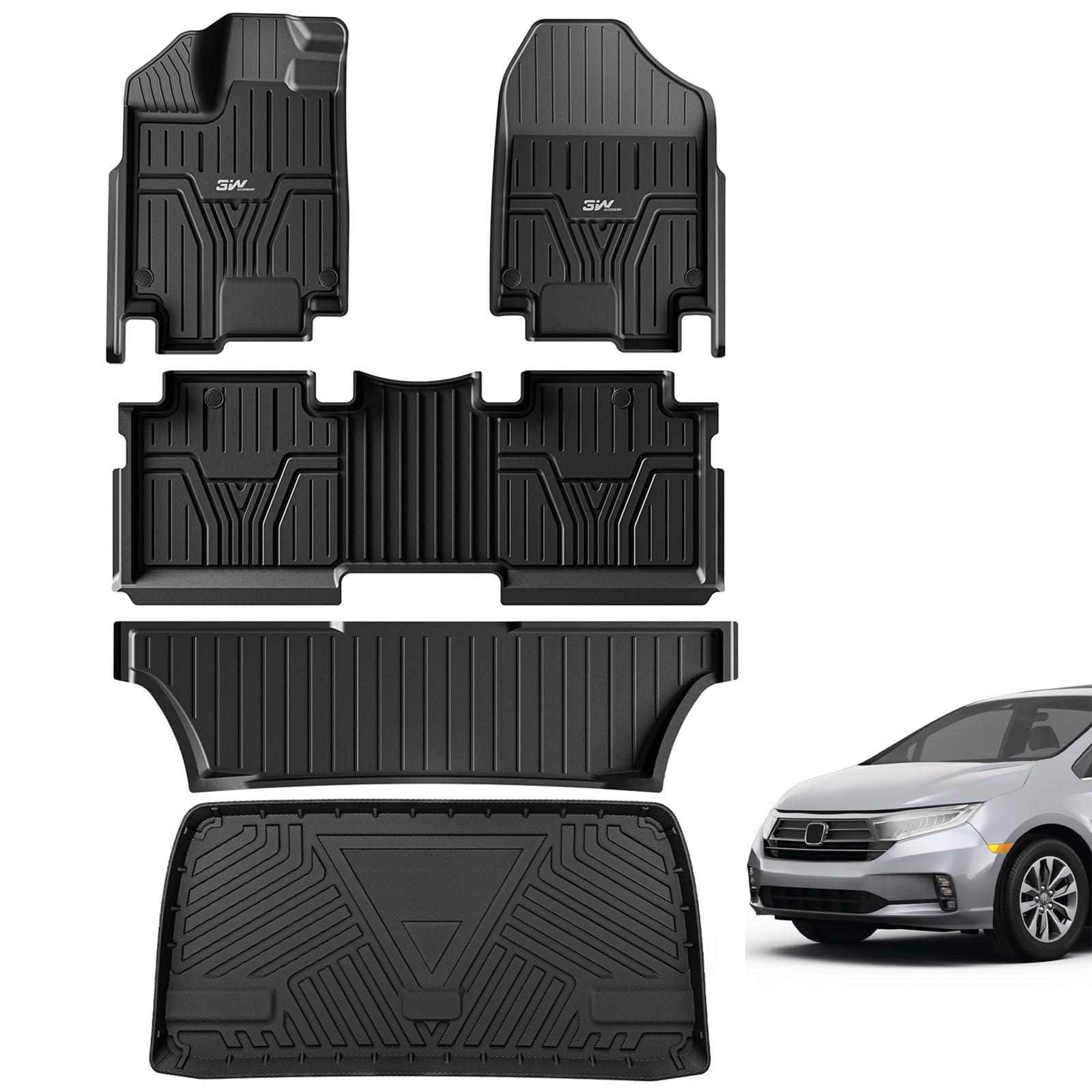 3W Honda Odyssey 2018-2024 Custom Floor Mats / Trunk Mat TPE Material & All-Weather Protection Vehicles & Parts 3W 2018-2024 Odyssey 2018-2024 1st&2nd&3rd Row+Trunk Mat