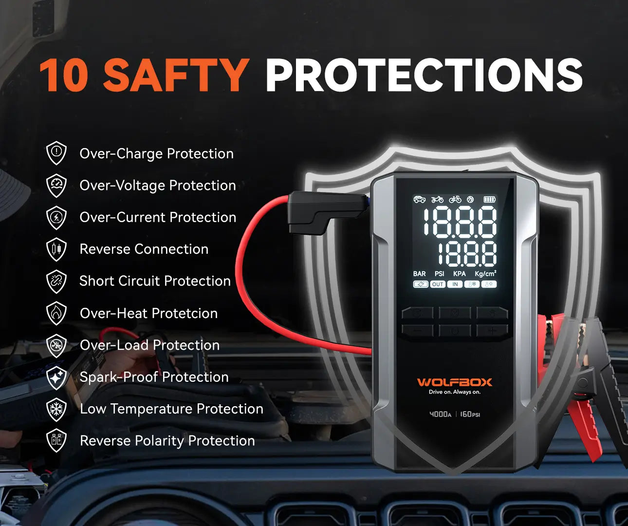 Jump Starter with Air Compressor Featuring 10 Safety Protections