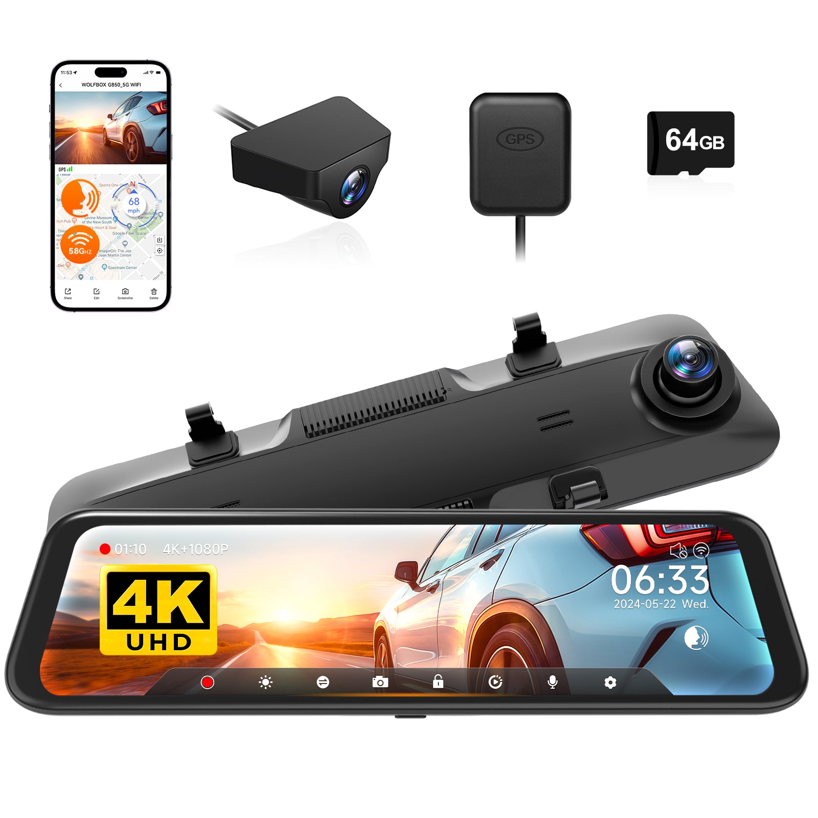 WOLFBOX G850 WIFI Rearview Mirror Backup Camera Dash Cam Smart Mirror with Voice Control camera WOLFBOX