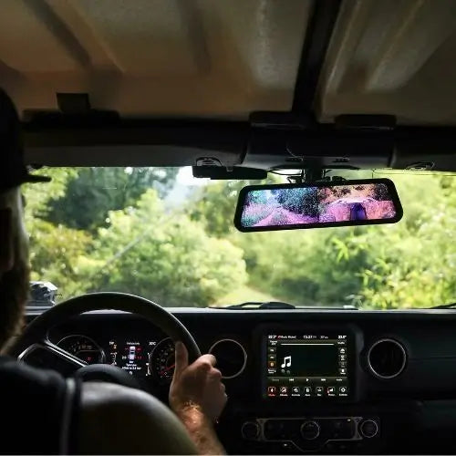 WOLFBOX mirror dash cam in a vehicle interior