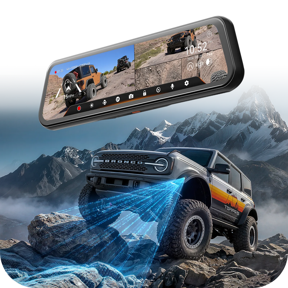 A rearview mirror style dash cam shown floating above a rugged off-road SUV on snowy mountains, with blue laser-scan style graphics illustrating sensing. The product itself is the dash cam, not the vehicle or the mountain scene.