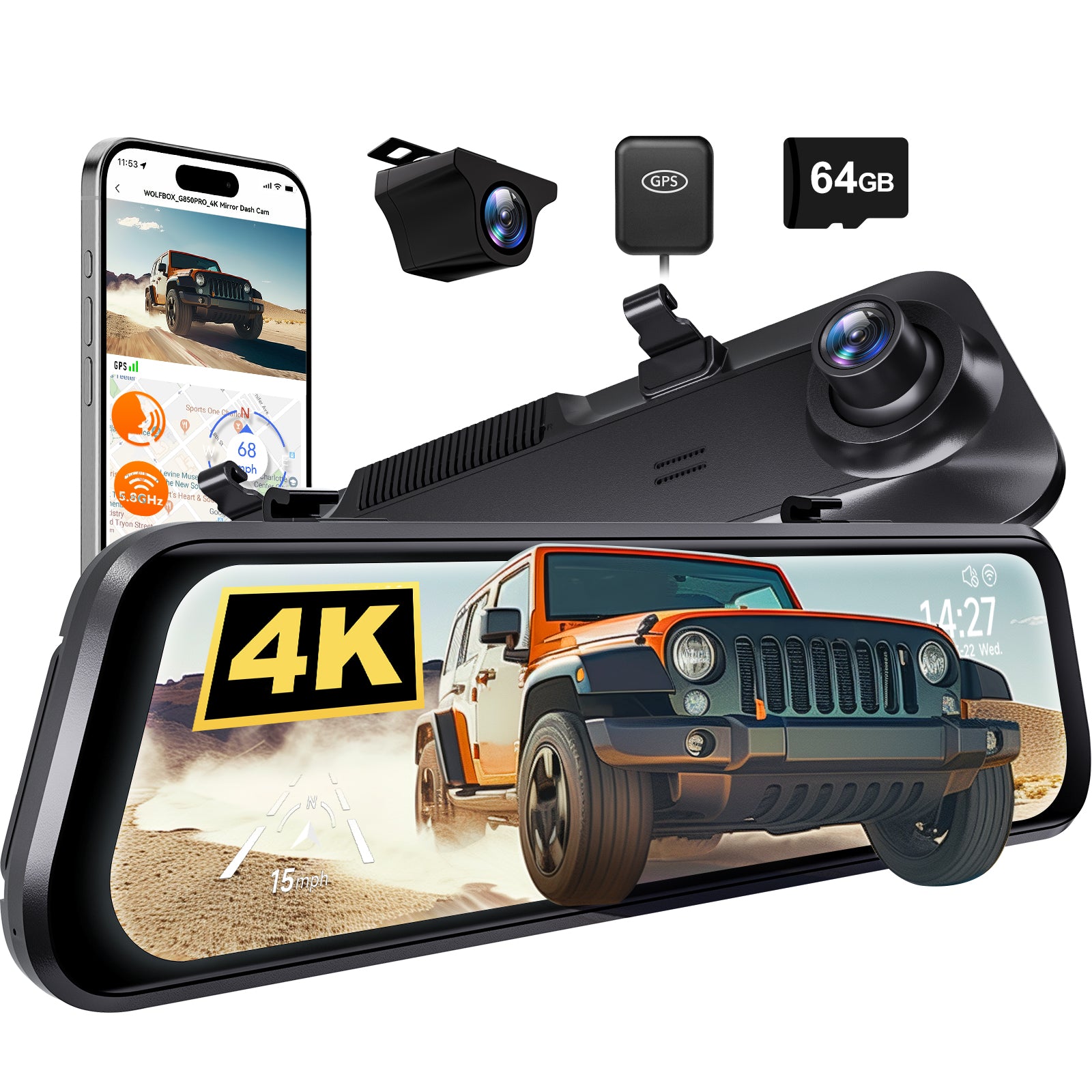 WOLFBOX G850Pro 4K Wifi ADAS Front and Rear Mirror Dash Cam | WOLFBOX