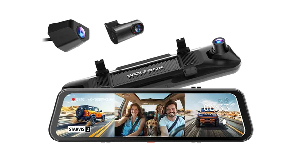 Car dashboard camera system with a screen displaying a family and vehicle, on a white background.
