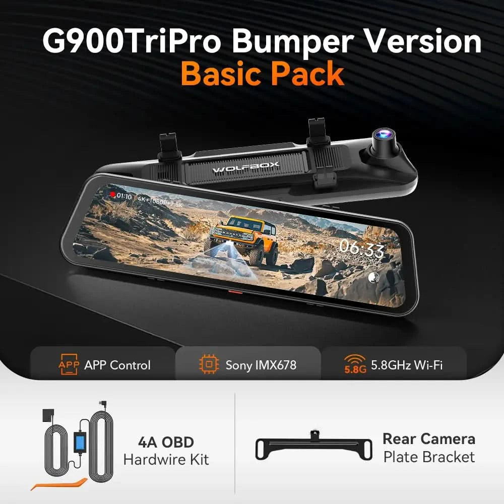 WOLFBOX G900TriPro Bumper Version 3 Channel Rearview Mirror with Exclu