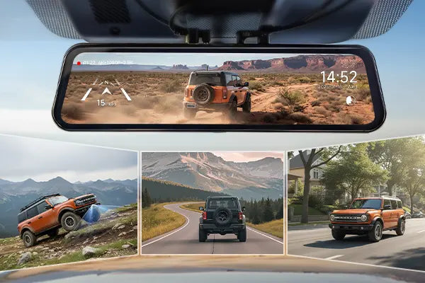 A rearview mirror car windshield display showing a desert Jeep, with three smaller inset driving scenes below on mountains, road, and city street.
