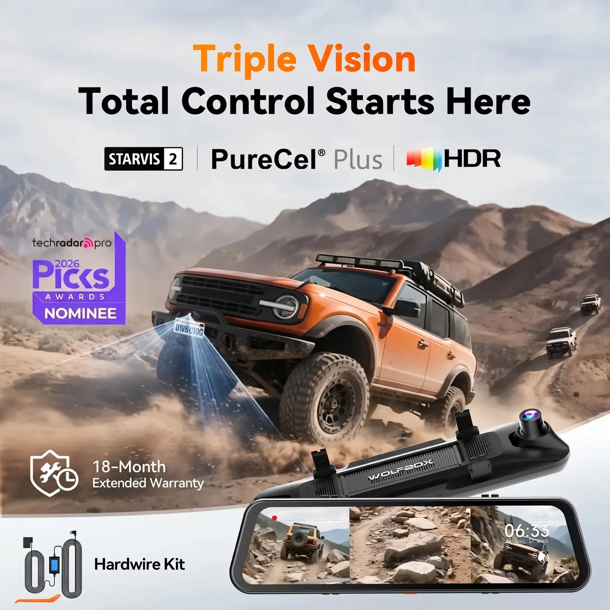 WOLFBOX G900TriPro Bumper Version 3 Channel Rearview Mirror